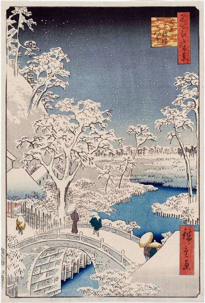 Most Taykobashi i wzgórze Yukhinok w Meguro   Ando Hiroshige