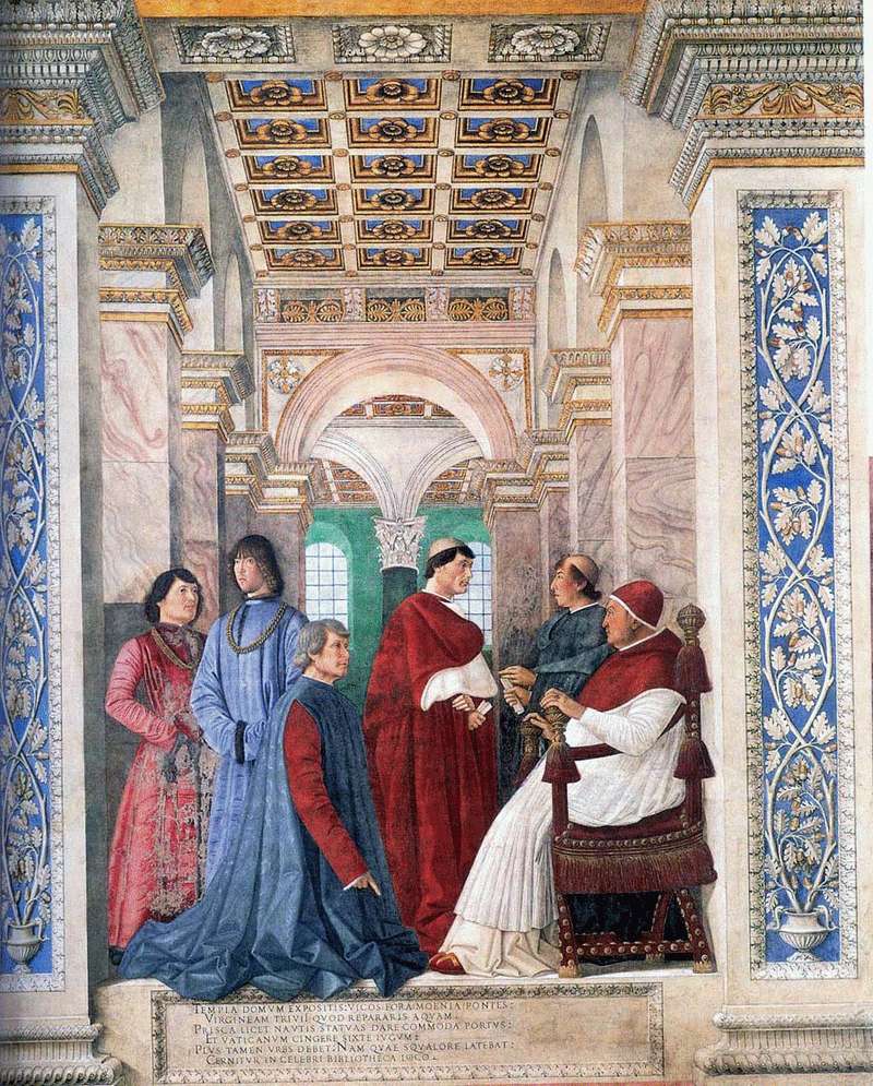 Papież Sykstus IV wyznacza Platynę jako strażnika biblioteki watykańskiej   Melozzo da Forli