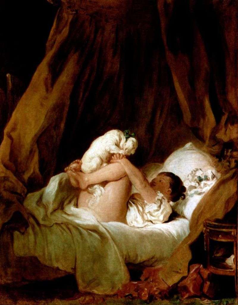 Dziewczyna w łóżku bawi się z psem   Jean Honore Fragonard