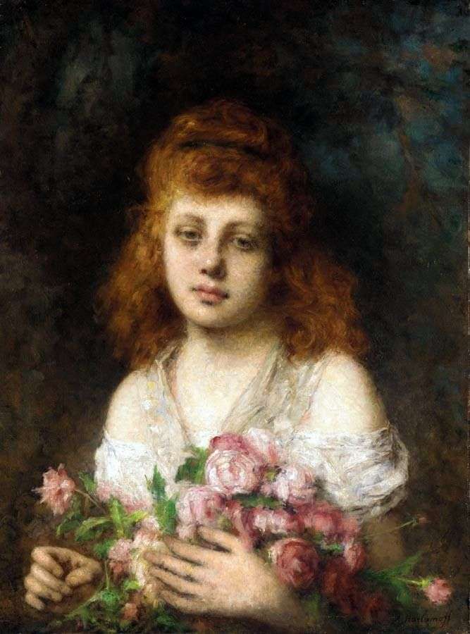 Rudowłosa dziewczyna z bukietem róż   Alexey Kharlamov
