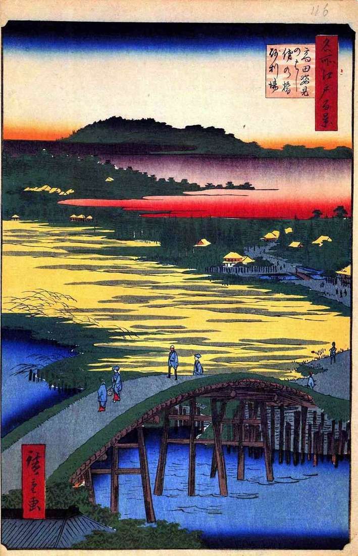 Most Sugatamihashi, most Omo Kagehashi i Dzyriba   Utagawa Hiroshige Village