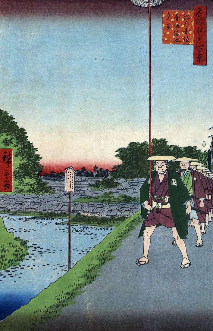 Stok Kinokunizaka i daleki widok stawu Tamike w Akasaka   Utagawa Hiroshige