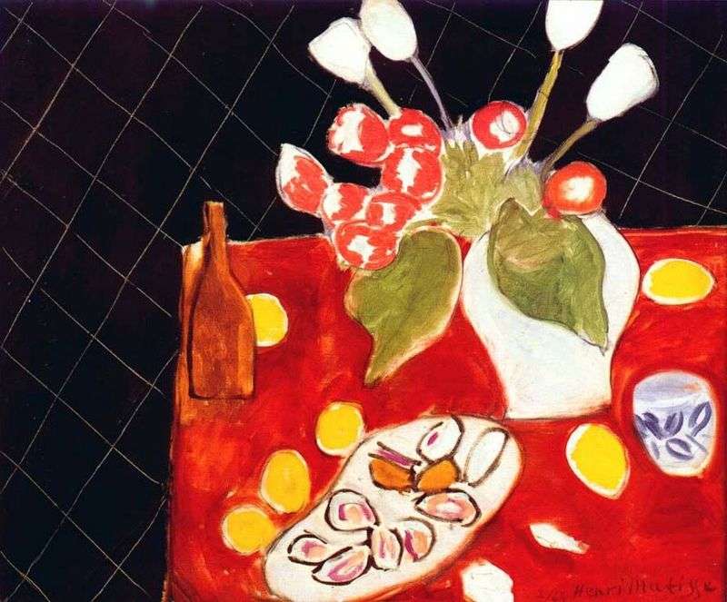 Tulipany i ostrygi na czarnym tle   Henri Matisse